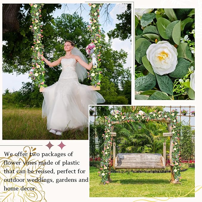 ASTRYAS 2Pcs 6.23Ft Artificial Eucalyptus Garlands with Flowers, Faux Floral Greenery Garlands Fake Flowers Vines for Wedding Table Centerpieces Arch Party Ceremony Backdrop Decor (Pink Leaves)
