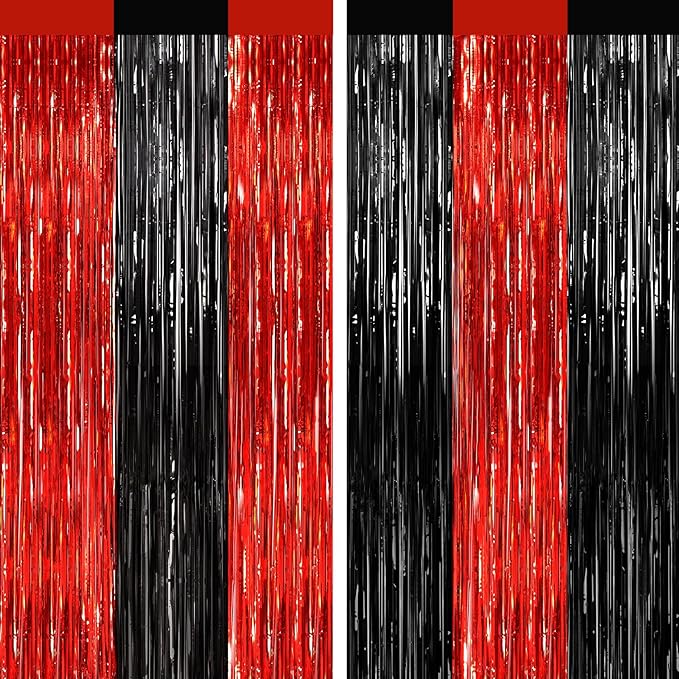 2 Pack Black and Red Foil Fringe Curtains Party Decorations, Tinsel Curtain Backdrop Streamers for Birthday Graduation Fiesta Stranger Theme Halloween Christmas Party Decors Supplies Door Streamers