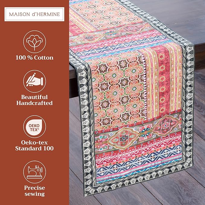 Maison d' Hermine Table Runner 100% Cotton Single Layer Table Runners 108 inches Long for Thanksgiving Christmas Decorations Home Kitchen Dining Party Wedding (Ispahan, 14.5" x 108")