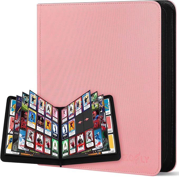 12 Pocket Card Binder, Zipper Trading Card Binder, 720 Large Capacity Side Loading Non-Ring Card Album, Double Sided Acid-Free Card Protector Binder, Card Collection for TCG, MTG, Sport Card, Pink