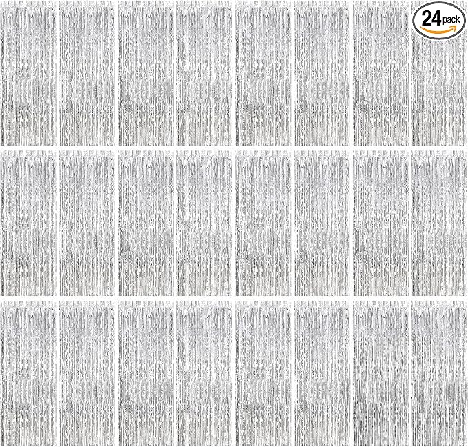 24 Pack Silver Metallic Foil Fringe Curtains, 3.2ft x 8.2ft Foil Fringe Curtain Backdrop Foil Streamers Party Supplies Tinsel Curtain Backdrop for Parties/Birthday/Halloween/Photo Booth