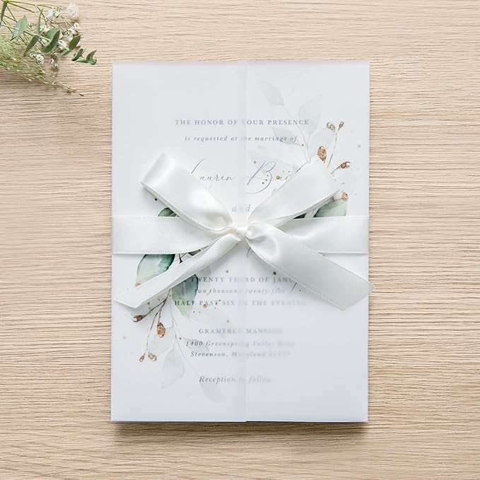 PONATIA 50PCS Vellum Jackets for 5x7 Invitation Cards - 135GSM Green Leaves Vellum Sleeves, 5x7'' Clear Jackets Wedding Invitations Wraps - Transparent Card Jackets