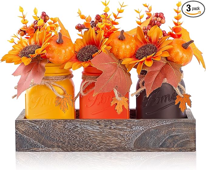 Mason Jar Fall Thanksgiving Centerpieces for Tables Fall Thanksgiving Table Decor, Flower, Wood Tray, Pumpkin Centerpieces Table Decorations for Home Indoor, 25 Pcs Autumn Kitchen Decor