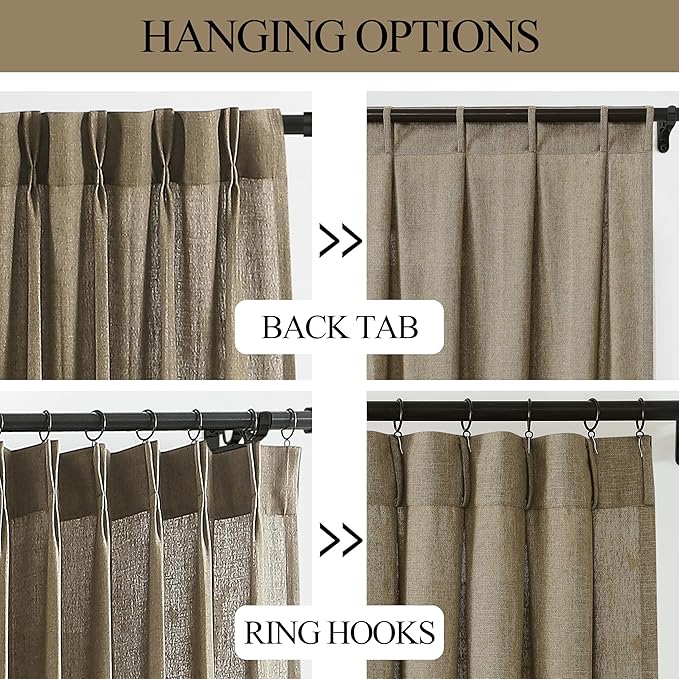 Vision Home Brown Pinch Pleated Semi Sheer Curtains Textured Linen Blended Light Filtering Window Curtains 95 inch for Living Room Bedroom Pinch Pleat Drapes with Hooks 2 Panels 40" Wx95 L