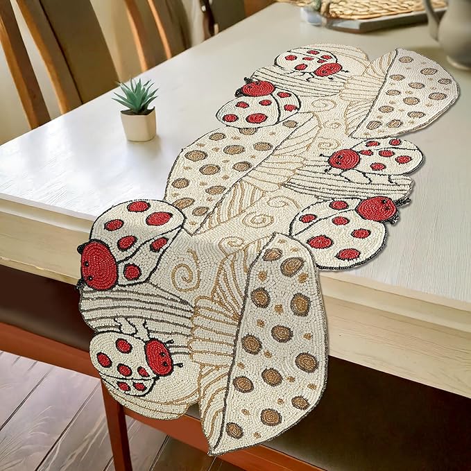 Beaded Table Runner Decorative Glitz Table Runner - 13x36” Handcrafted Runner for Winter Holiday, Kitchen, Dining Table, Spring Décor, Dining Table, Coffee Table or Entryway (Red Ivory) - CLEENTABLE