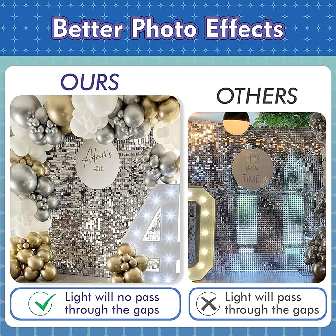 Qcity Blue Shimmer Wall Backdrop 24PCS, Black Back Not See-Through Design, Square Sequin Glitter Backdrop Panel, Perfect for Outdoor Events, Birthdays, Wedding and Party Decoration