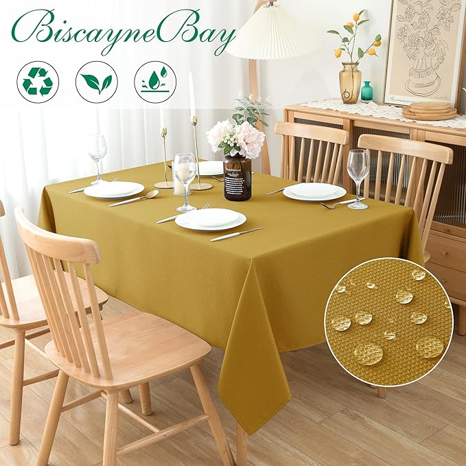 Biscaynebay Textured Fabric Rectangle Christmas Tablecloths 70x108 Inch, Gold Water Resistant Tablecloths for Dining, Kitchen, Wedding, Parties etc. Machine Washable