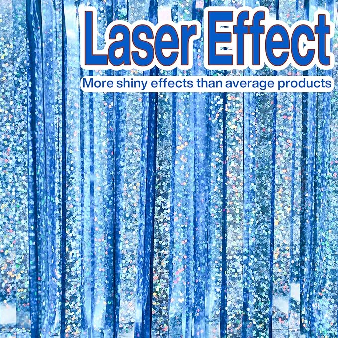 PartyWoo Foil Fringe Curtains Blue, 2 pcs 3.3x6.6 ft Blue Streamers, Fringe Backdrop, Tinsel Backdrop, Tinsel Curtain, Metallic Door Shimmer, Birthday Party Streamers, Photobooth