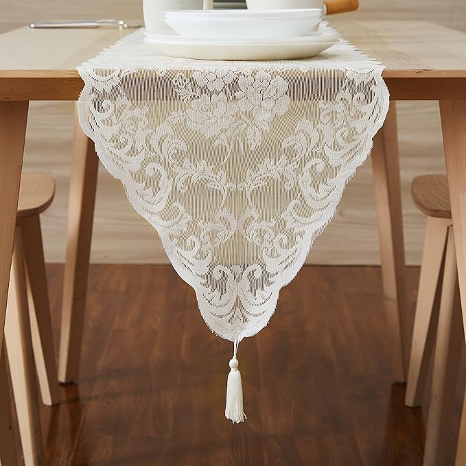 LinenZone Ivory Table Runner with 2 Tassels for Rustic Vintage Decor. Lace Table Runner Works Great As Wedding, Thanksgiving, Christmas Decor (Mia 14 x 96, Ivory)