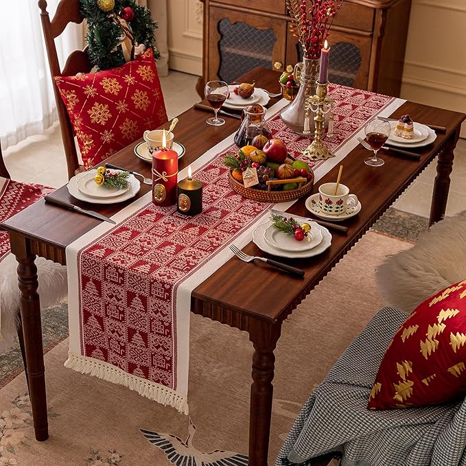 Table Runners 95 Inches,Christmas Tree Table Runner with Tassel Fringe,Gift Table Runner for Party，Coffee Table, Festival