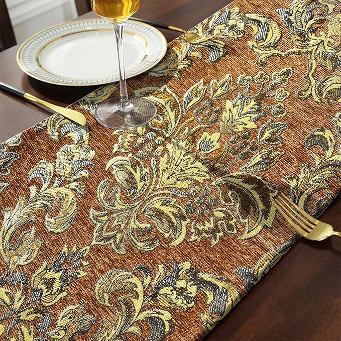 Table Runners 72 inches Long Jacquard European Classic Floral Beige Vintage Chenille - Caramel