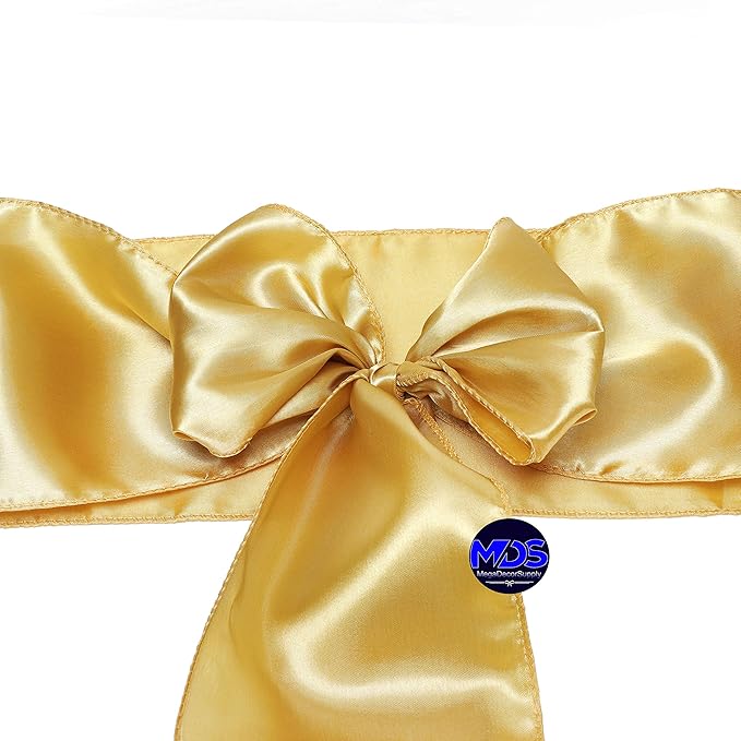 MDS Pack of 10 PCS Satin Chair Sashes Charmeuse Sateen Dining Chair Bows Ribbon Ties Back Sash for Wedding Party Birthday Home Hotel Restaurant Banquet Decoration (7 x 108 Inch, Gold)