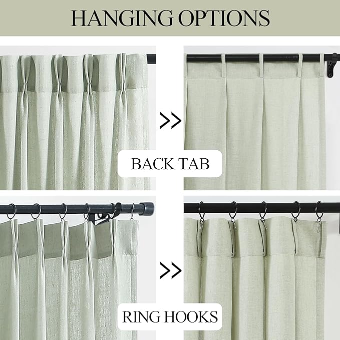 Vision Home Soft Green Pinch Pleated Semi Sheer Curtains Textured Linen Blended Light Filtering Window Curtains 102 inch for Living Room Bedroom Pinch Pleat Drapes with Hooks 2 Panels 40" Wx102 L