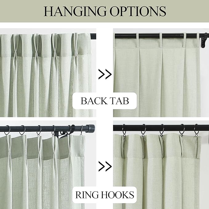 Vision Home Light Green Pinch Pleated Semi Sheer Curtains Textured Linen Blended Light Filtering Window Curtains 112 inch for Living Room Bedroom Patio Pinch Pleat Drapes with Hooks 1 Panel 60"Wx112"L