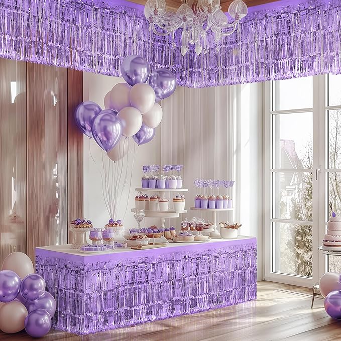 1 Pack Light Purple Table Skirts, 29x108" Metallic Foil Tinsel Fringe Table Skirts for Rectangle Tables Streamer Curtains Backdrop, Party Decorations for Birthdays Weddings Holidays