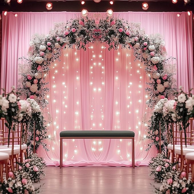 50ftx12ft Wrinkle Free Pink Backdrop Curtain, 10 Panels 12FT Height Pink Wedding Backdrop Drapes, Silky Polyester Back Drop Cloth for Birthday Photography Background Party Backdrop Draping