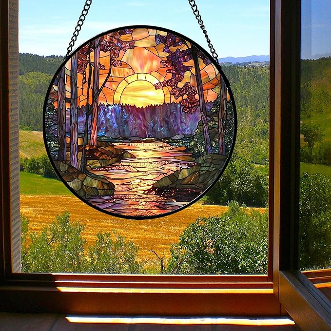 Stained Glass Window Hanging, Orange Landscape Green Purple Lake Forest Suncatcher for Doors Window Home Sun Catchers Decor Mother's Day Birthday Gifts for Women Men Mom 15 in