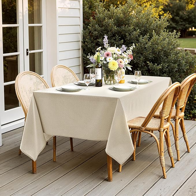 MIULEE Natural Linen Cottton Table Cloth Rectangle Tablecloth Waterproof Spillproof Cross-Star Textured Table Cltoth Decorative Farmhouse Style for Dining Party Weddings 60x104 Inch