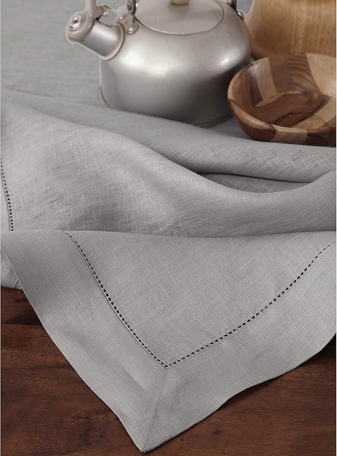 Solino Home Soft Grey Linen Tablecloth 60 x 120 Inch - 100% Pure Linen Hemstitch Table Cloth for Rectangle Tables - Classic Hemstitch, Machine Washable Tablecloth for Fall, Thanksgiving, Christmas