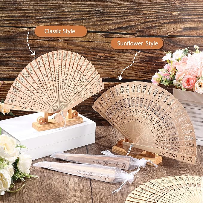 Qunclay 60Pcs Wooden Hand Fans Folding Wedding Fans for Guest Chinese Hollow Pattern with White Tassel and Gift Bag for Wedding Bridal Shower Birthday Party Favors Gift and Home Decor(Mixed Style)