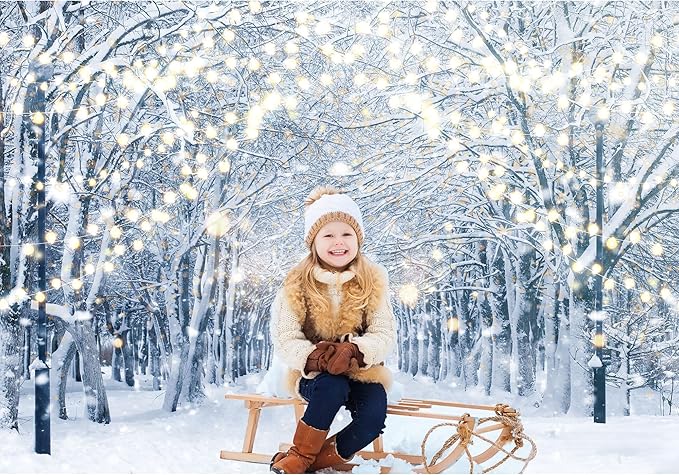 10x8FT Winter Snowy Scene Photography Backdrop Wonderland Snowflake Tree Snow Background Bokeh Glitter White Snow Forest Landscape Party Photo Booth Studio Props