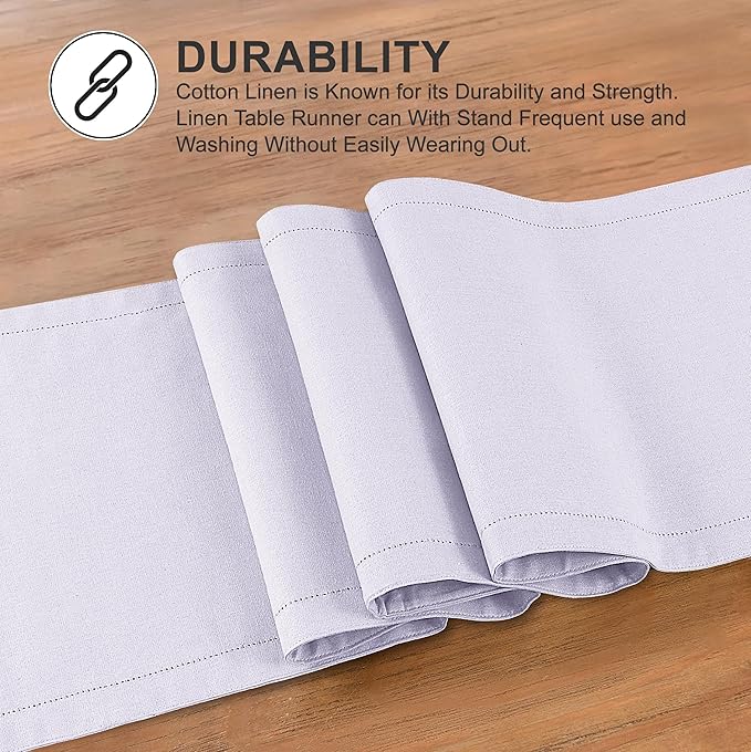 Ruvanti Linen Table Runner 120 Inches, Classic Hemstitch, Washable, Reusable, Non-Slipping, Stain Resistant- Perfect for Parties, Weddings, dinners, Thanksgiving, Christmas, Indoor use – Lavender Grey