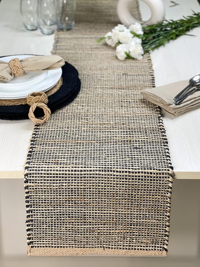 Chardin home Natural Jute Table Runner 13x72 Inch – Vintage Boho Rustic Table Decor – Handwoven Table Runner in Natural Jute and Black – Farmhouse Dining or Console Table Accent