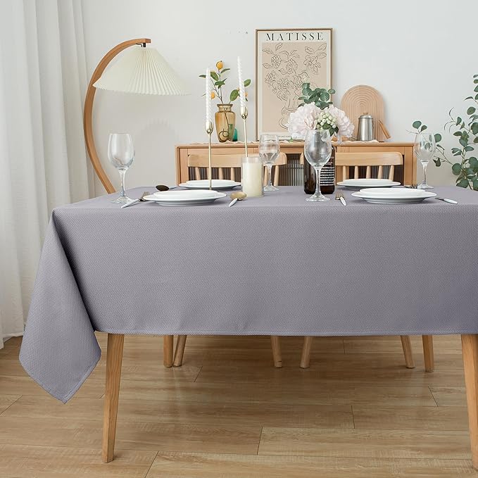Biscaynebay Textured Fabric Tablecloths 90x132 Inches Rectangular, Silver Grey Water Resistant Spill Proof Tablecloths for Dining, Kitchen, Wedding and Parties, Machine Washable