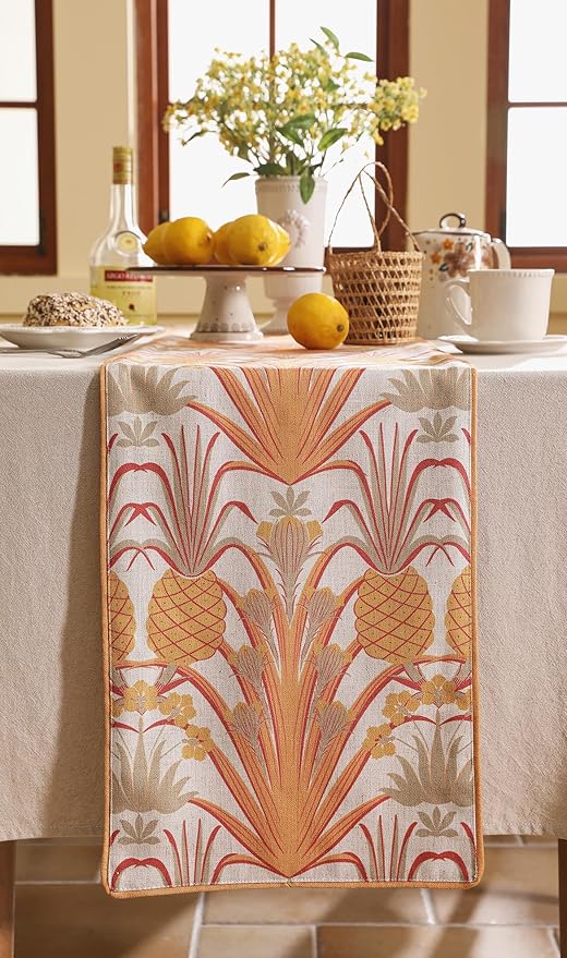 patdrea Designer Tropical Linen Table Runner 71 Inch Long, Yellow Vintage Elegant with Pineapple Pattern Table Mat,Decoration for Kitchen Dining Coffee Table Cover Banquet Christmas , 12"*71"