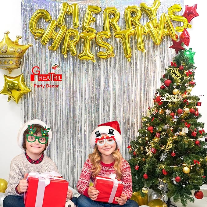 Silver Foil Fringe Tinsel Backdrop - GREATRIL Metallic Tinsel Streamers Curtains for 2026 NYE/Prom/Dancing Ball/Christmas/Bachelorette Party Decorations - Pack of 2