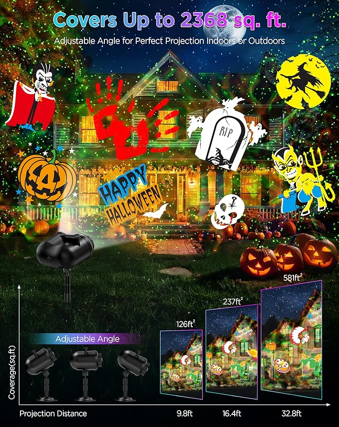 Halloween Christmas Projector Lights Outdoor, 8 Brighter HD Holiday Patterns with Firefly & Ocean Wave Effects, 10 Slides, Waterproof Snowflake Projector with Timer for House Garden Yard Xmas New Year