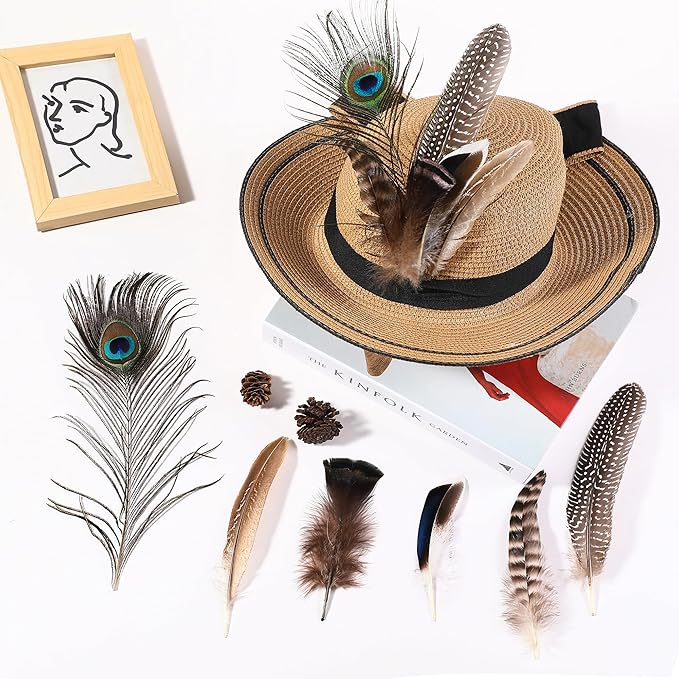 Holmgren 24pcs Natural Feathers Bulk - 6 Styles Assorted Peacock, Pheasant, Turkey Feathers for Craft DIY Jewelry Hat Wedding Home Party Decoration