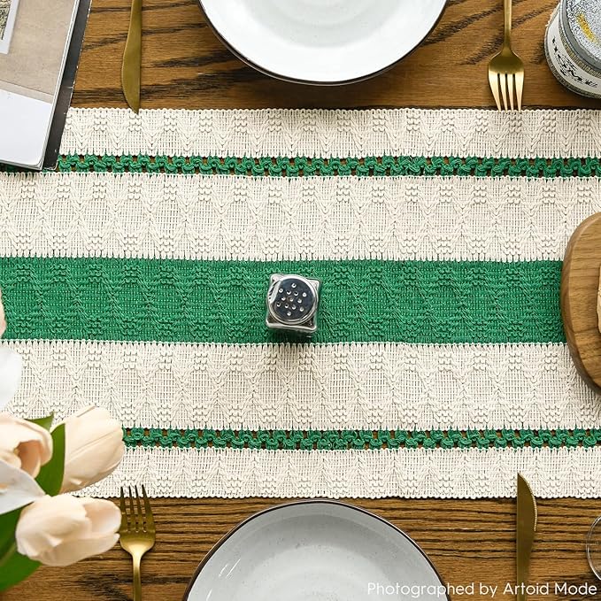 Artoid Mode Dark Green Farmhouse Woven Rustic Table Runner, Seasonal Holiday Hollow Kitchen Dining Table Decoration for Home Party Decor 12x36 Inch
