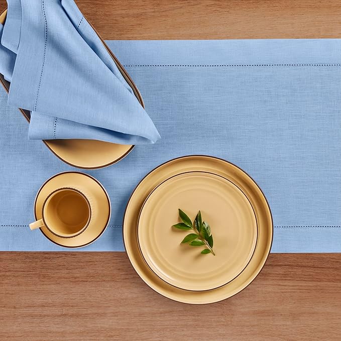 Solino Home Linen Cornflower Blue Table Runner 72 Inches Long - 100% Pure Linen Hemstitch Table Runner 14 x 72 Inch for Dresser, Dining, Christmas, Holiday - Classic Hemstitch