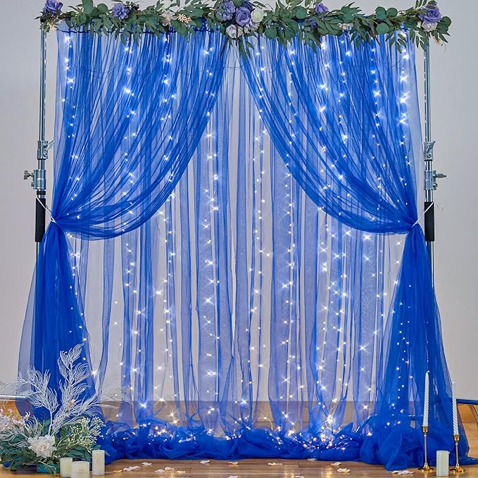 Royal Blue Backdrop Curtains with Lights String for Wedding Parties Sheer Tulle Backdrop Curtain Panels for Bridal Shower Baby Shower Birthday Photo Shoot Background Decorations 2 Panels 10×10ft