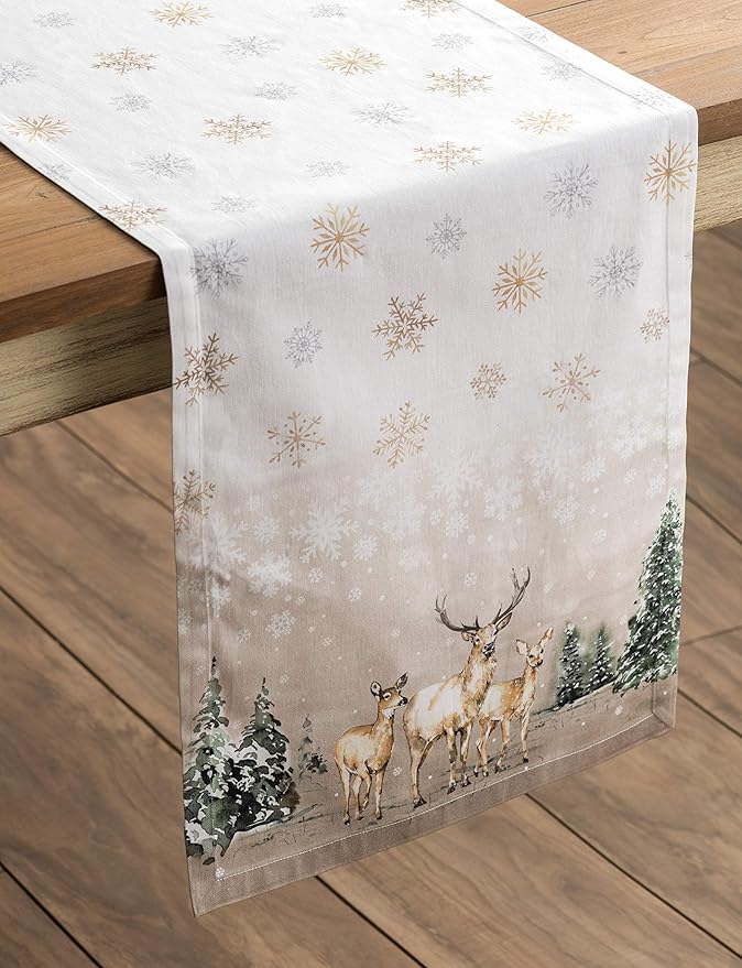 Maison d' Hermine Table Runner 100% Cotton Single Layer Table Runners 36 inches Long for Thanksgiving Christmas Decorations Home Kitchen Dining Party Wedding (Deer in The Woods, 14.5" x 36")
