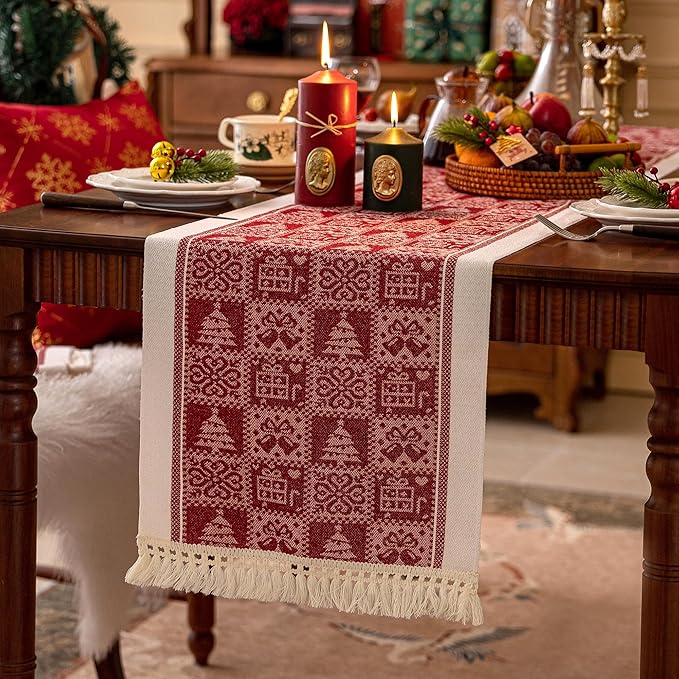 Table Runners 119 Inches,Christmas Tree Table Runner with Tassel Fringe,Gift Table Runner for Party，Coffee Table, Festival
