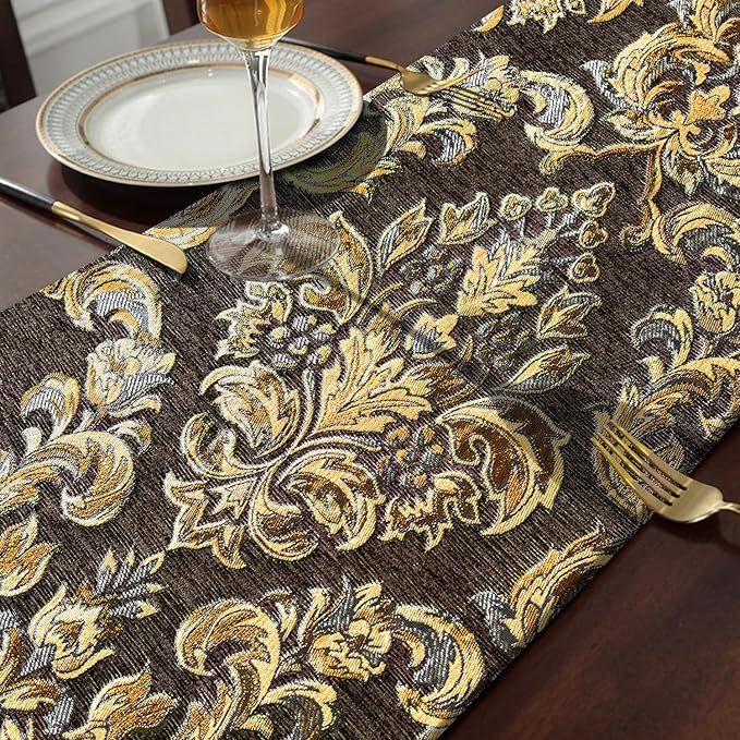 Glittering Colorful Jacquard Table Runner 72 inches Long Chenille and Satin Dark Brown for Christmas