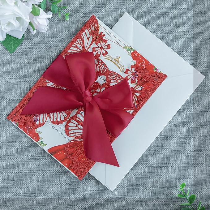 20 PCS 5.12x7.2 Butterfly Quinceanera Invitation, Laser Cut Wedding Invitation Cards with Envelopes for XV Anos Bridal Shower Baby Shower Invite (Red Glitter)