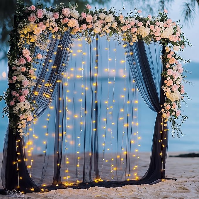 Tulle Backdrop Curtain with Lights String 10FT X 10FT Black Sheer Tulle Backdrop Curtains for Wedding Birthday Party Reception Photo Booth Background Decorations (2 Panels 5x10FT)