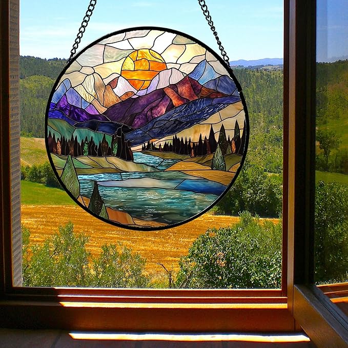 Stained Glass Window Hanging, Blue Lake Golden Sun Abstract Mountains Landscape Suncatcher for Doors Window Home Sun Catchers Decor Mother's Day Birthday Gifts for Women Men Mom 7.8 in