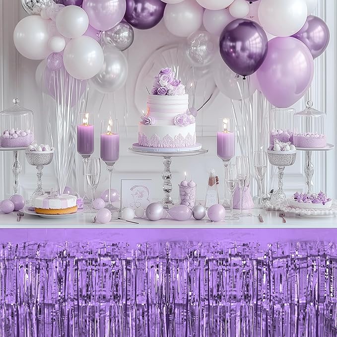 1 Pack Light Purple Table Skirts, 29x108" Metallic Foil Tinsel Fringe Table Skirts for Rectangle Tables Streamer Curtains Backdrop, Party Decorations for Birthdays Weddings Holidays