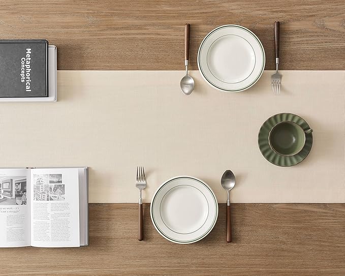 ZeeMart Linen Textured Border Table Runner, 14 x 48 Inch Cream, Farmhouse Style Cream Table Runners 48 Inches Long, Easy Care Everyday Polyester Table Runner