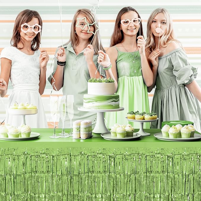 1 Pack Light Green Table Skirts, 29x108" Metallic Foil Tinsel Fringe Table Skirts for Rectangle Tables Streamer Curtains Backdrop, Party Decorations for Birthdays Weddings Holidays