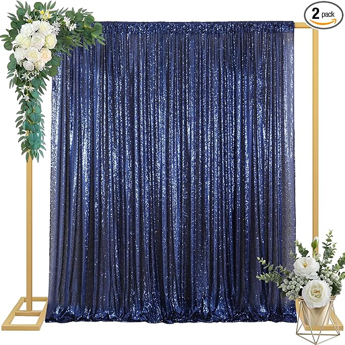 ShinyBeauty 4x10ft Navy Blue Sequin Photo Backdrop – 2 Pack Glitter Curtains for Wedding Photography, Party Decor, Studio Background (High-Reflective Sparkle, Portable & Lightweight)