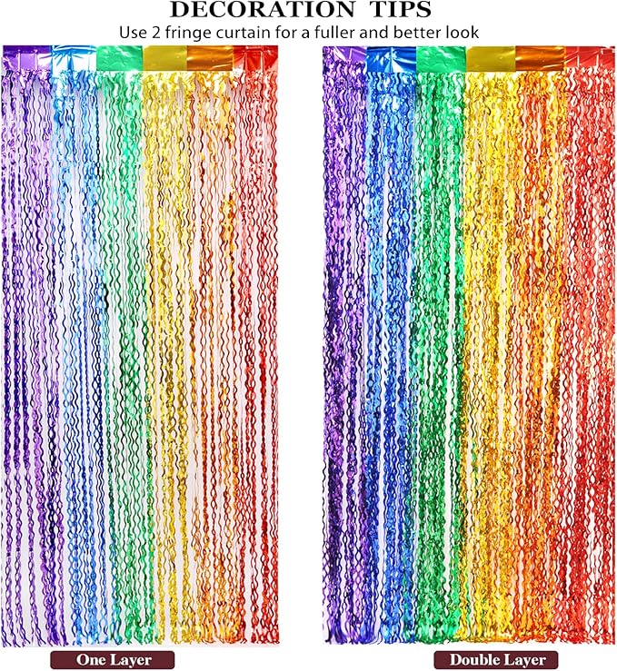 3 Pack Rainbow Foil Curtains - 3.3x6.6ft Metallic Streamers Tinsel Curtains Background for Photo Booth Birthday Weddings Carnivals Graduation