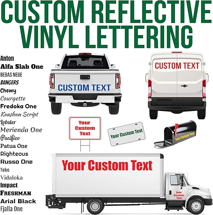 Custom Reflective Vinyl Lettering Decal Sticker Design, Personalize for Car Van Truck Trailer Window Glass & More | Engineering Grade, Meets or exceeds Federal Specifications