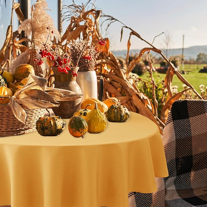 Biscaynebay Fall Tablecloth Textured Fabric Round Tablecloths 90", Fall Gold Thanksgiving Autumn Harvest Water Resistant Fabric Tablecloths for Kitchen, Dining, Wedding, Parties Machine Washable
