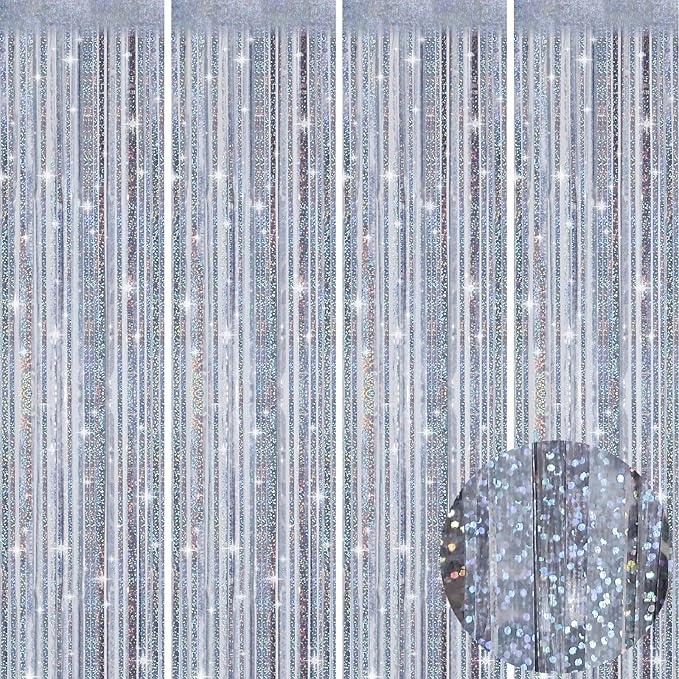 Picoway 4 Pack Foil Fringe Tinsel Backdrop Curtains, Birthday Engagement Bachelorette Party Decorations, Photo Booth Props Door Streamers Curtain (Silver)