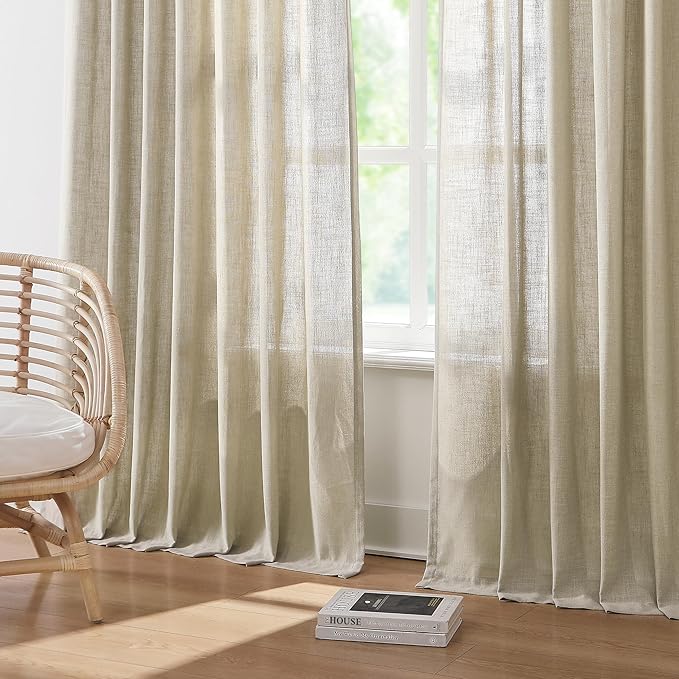 Vision Home Sand Pinch Pleated Semi Sheer Curtains Textured Linen Blended Light Filtering Window Curtains 112 inch for Living Room Bedroom Patio Pinch Pleat Drapes with Hooks 1 Panel 60" Wx112 L